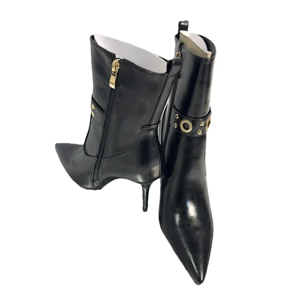 Women’s Black Pointed Toe Ankle Boots Stiletto Heel Gold Stud Accent Size US 8